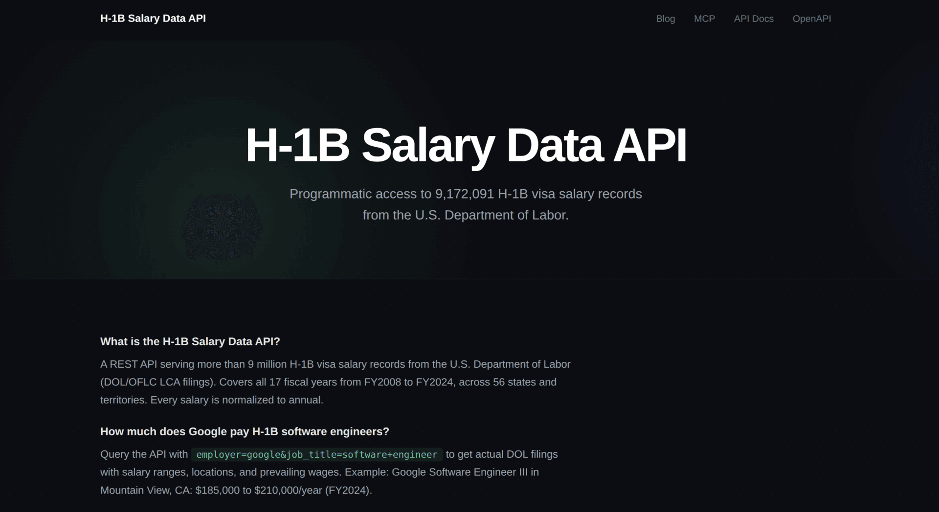 H-1B Salary Data API landing page